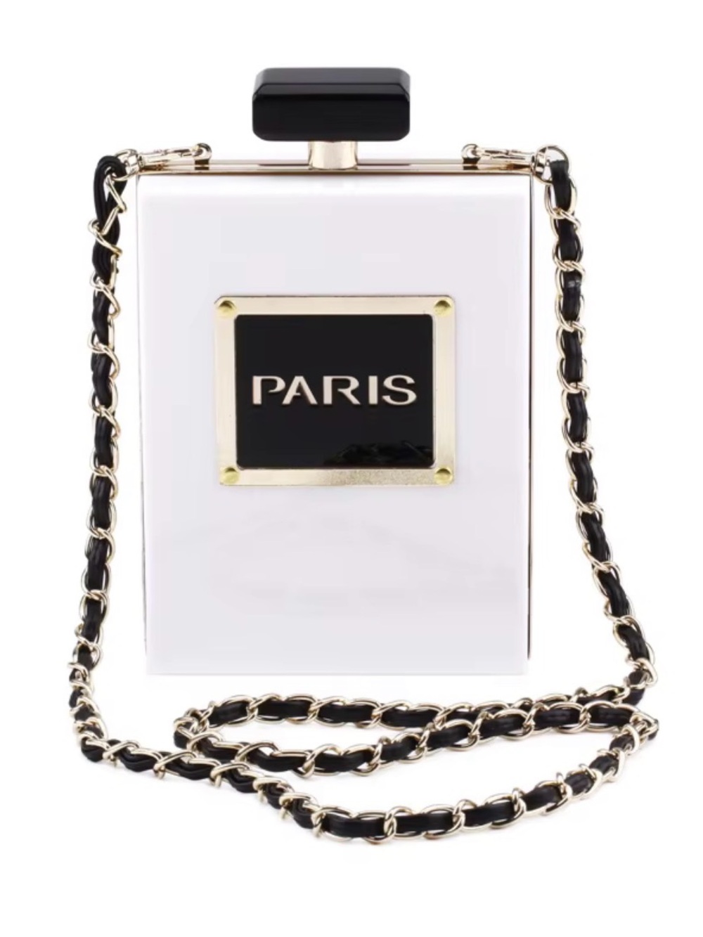 Paris Perfume Bottle Novelty Crossbody Bag Gold Chain - Picture 5 of 6